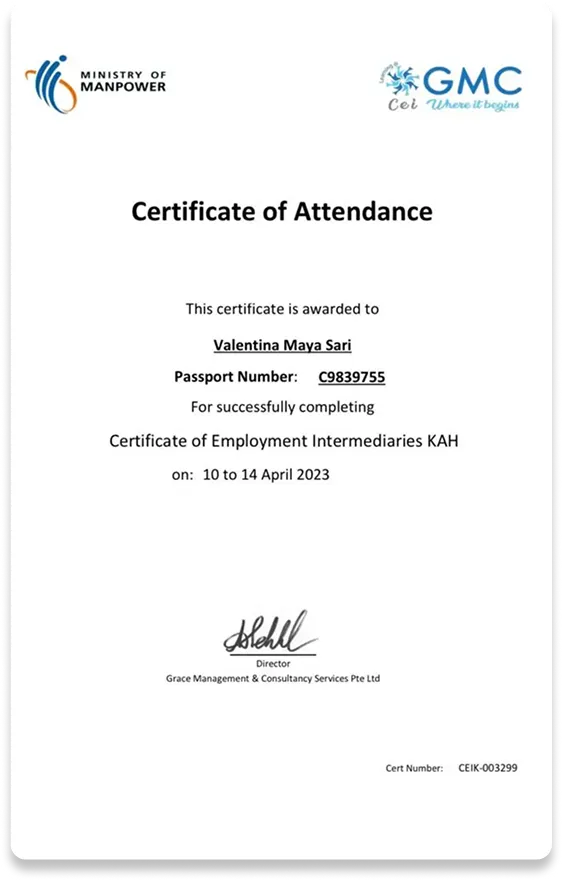 certificate of Attendance Miss Valentina Maya Sari